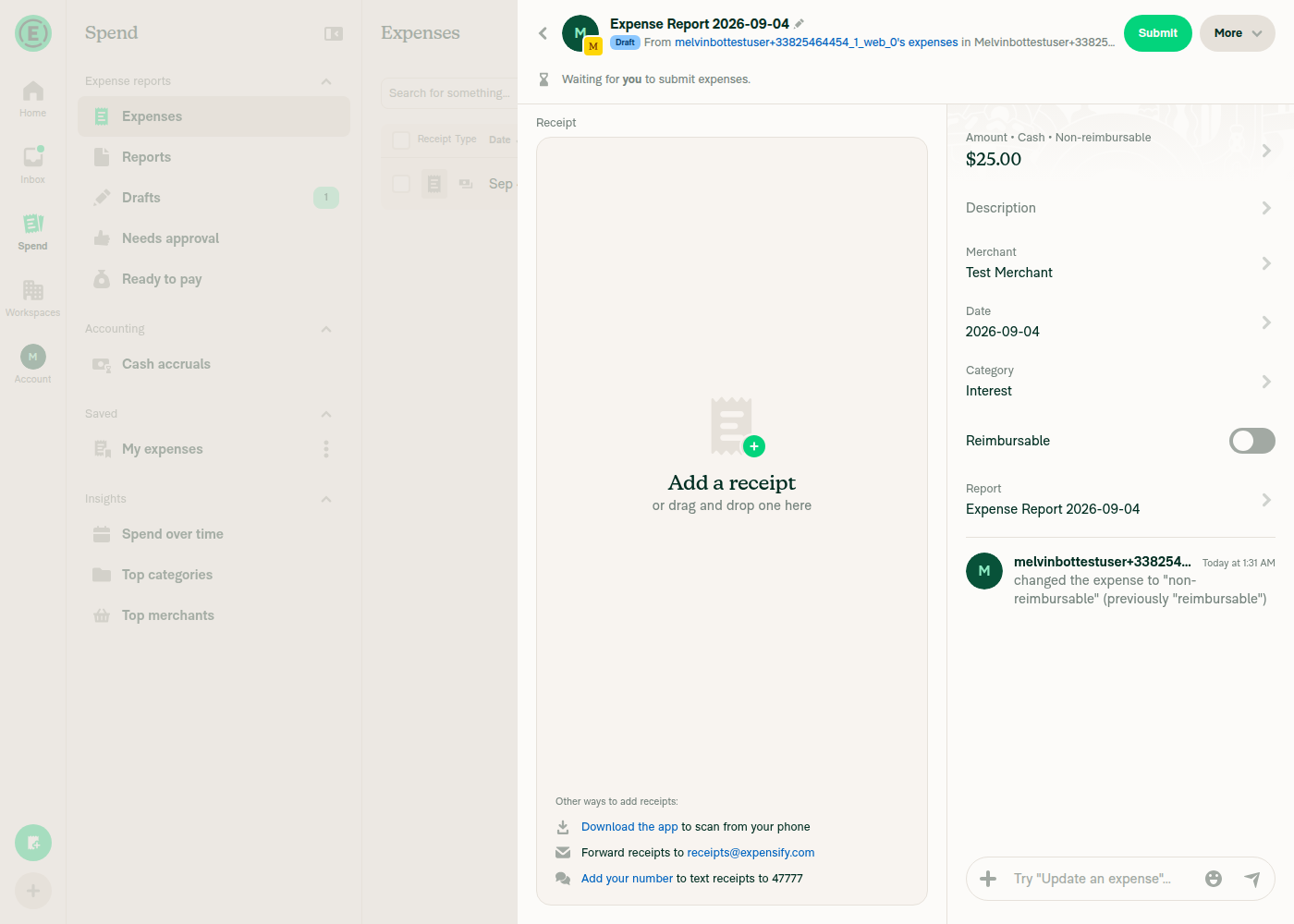 Expense details showing Amount • Cash • Non-reimbursable and toggle off
