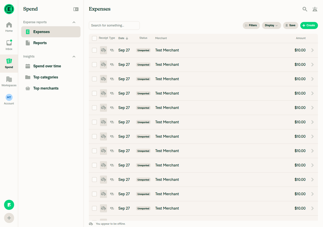 Offline banner on Expenses list