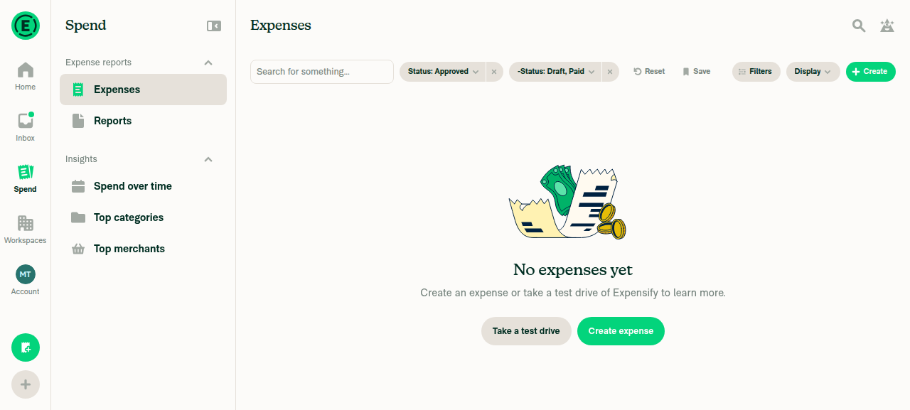 Filter bar showing separate Status: Approved and -Status: Draft, Paid chips
