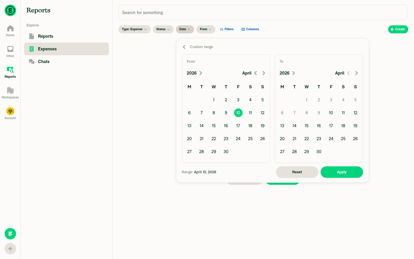 After selecting From date (Apr 10) - Range text visible below calendars above action buttons