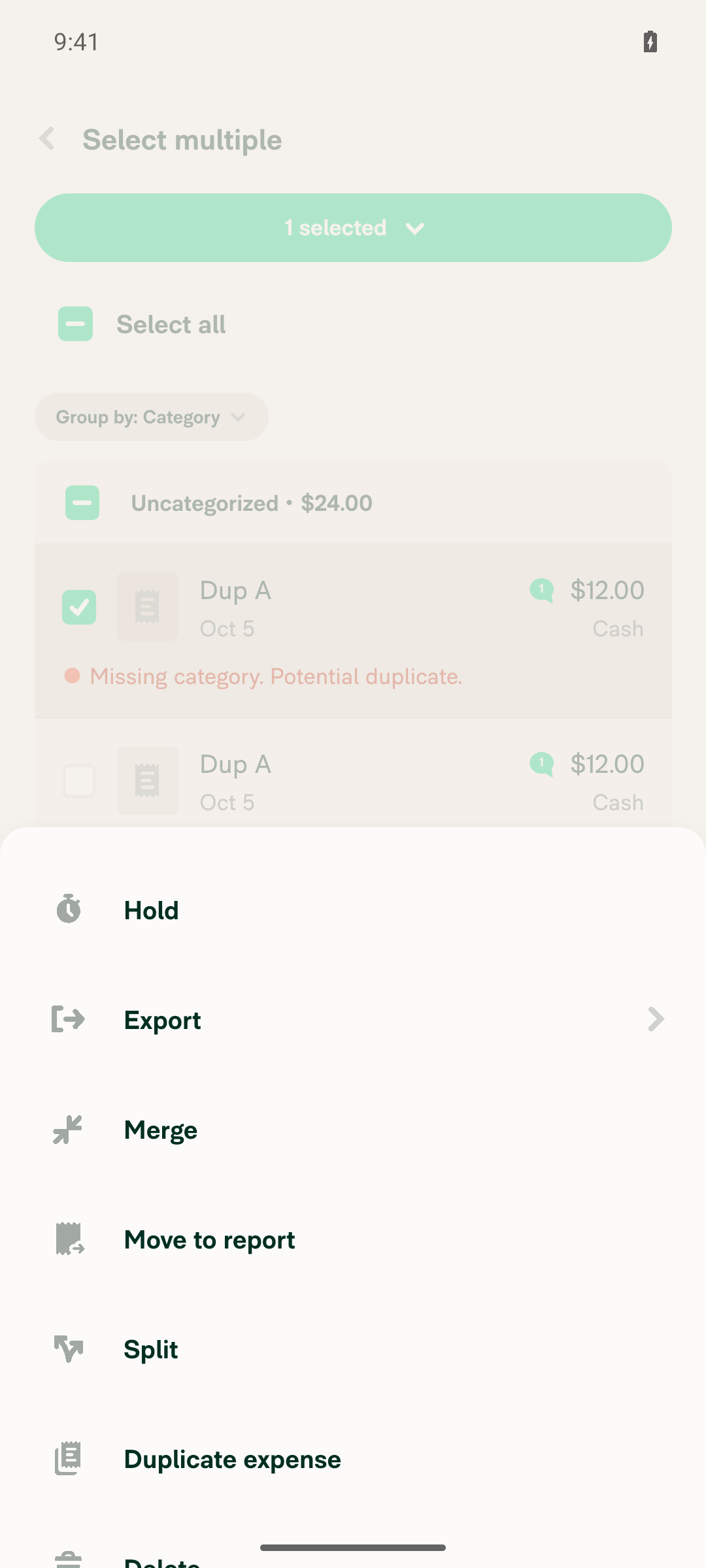 Report-level More menu stuck open and unresponsive after tapping Duplicate expense