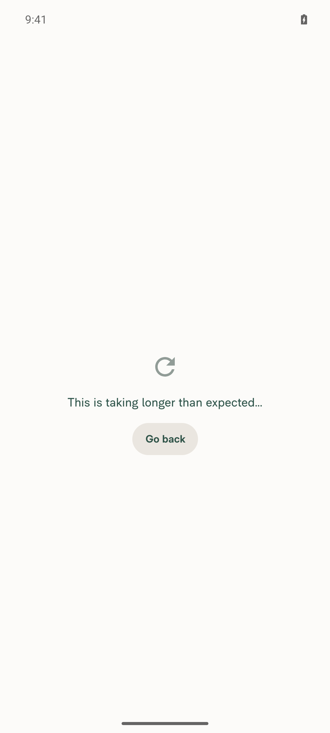 FullScreenLoadingIndicator showing 'This is taking longer than expected…' and Go back button after timeout