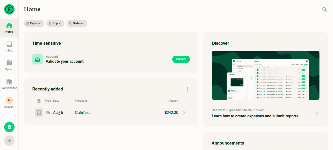New CafeTest expense appears in Recently added