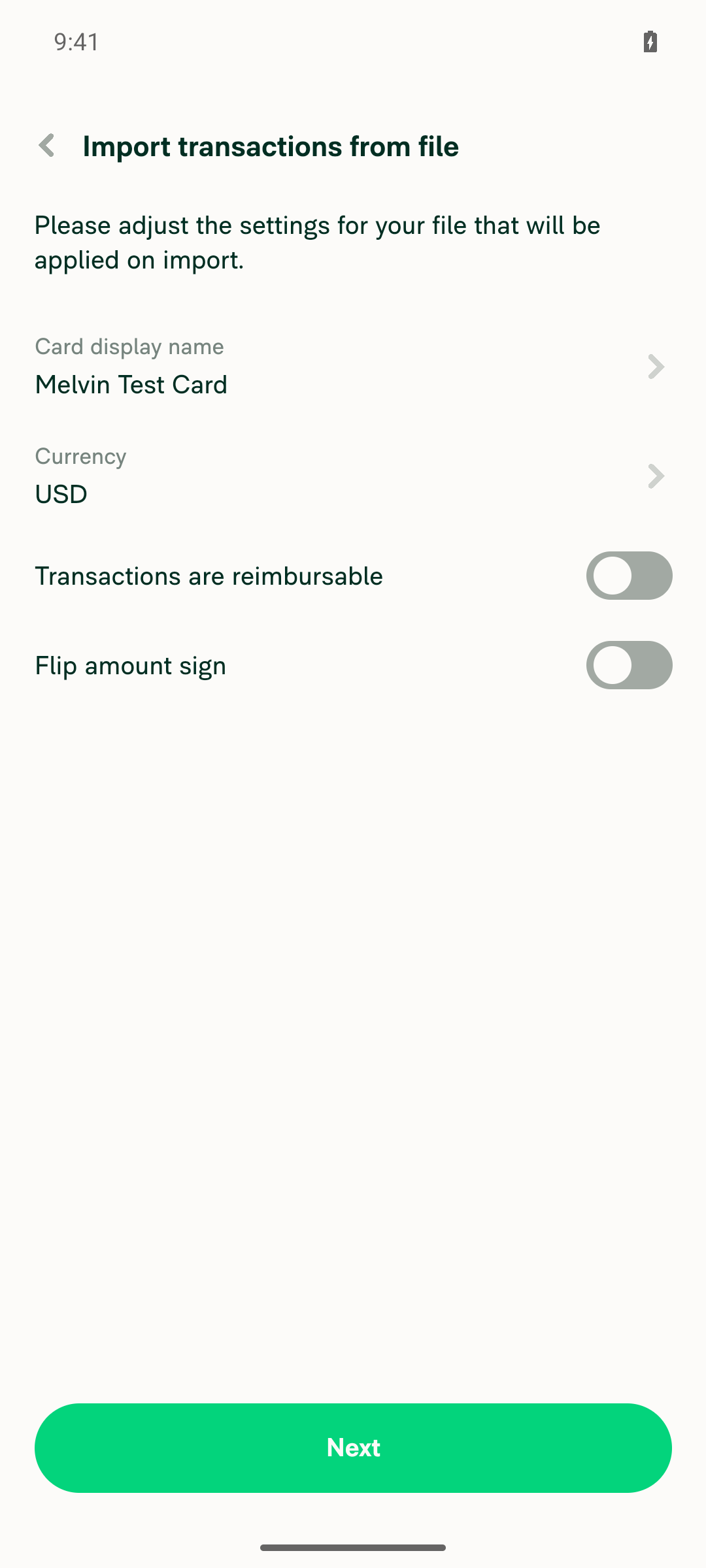 Import settings with Transactions are reimbursable toggled OFF
