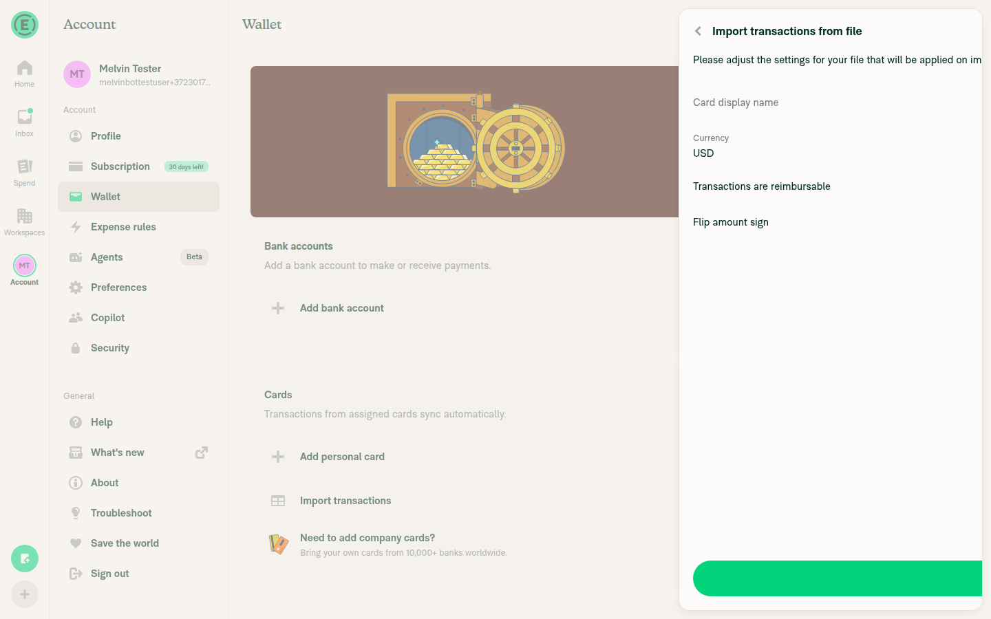Import transactions from file settings screen in Account > Wallet