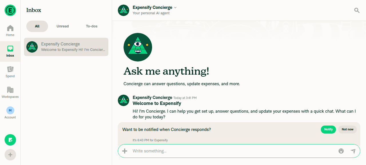 Inbox with Expensify Concierge chat opened