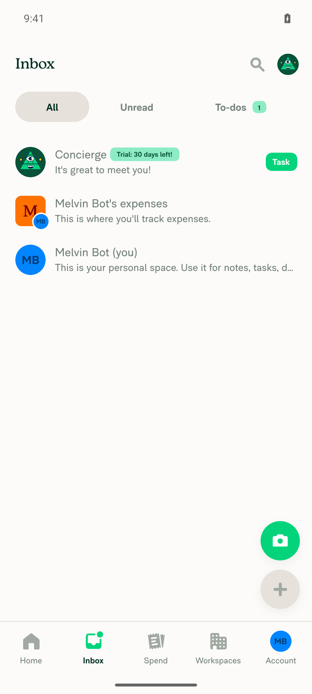 Inbox screen showing chat list