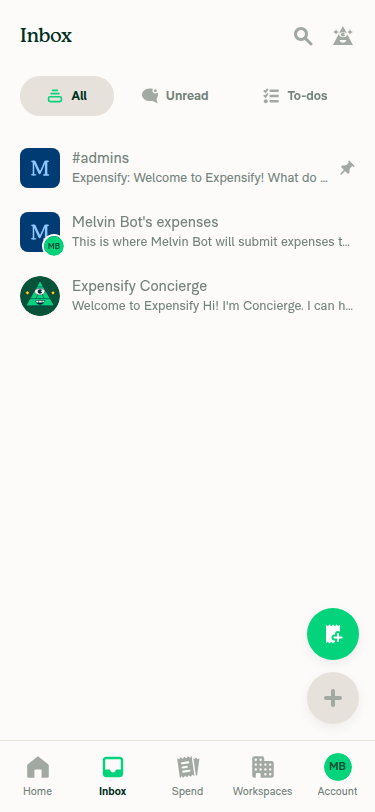 Inbox tab selector on narrow layout showing All/Unread/To-dos tabs with icons and the chat list