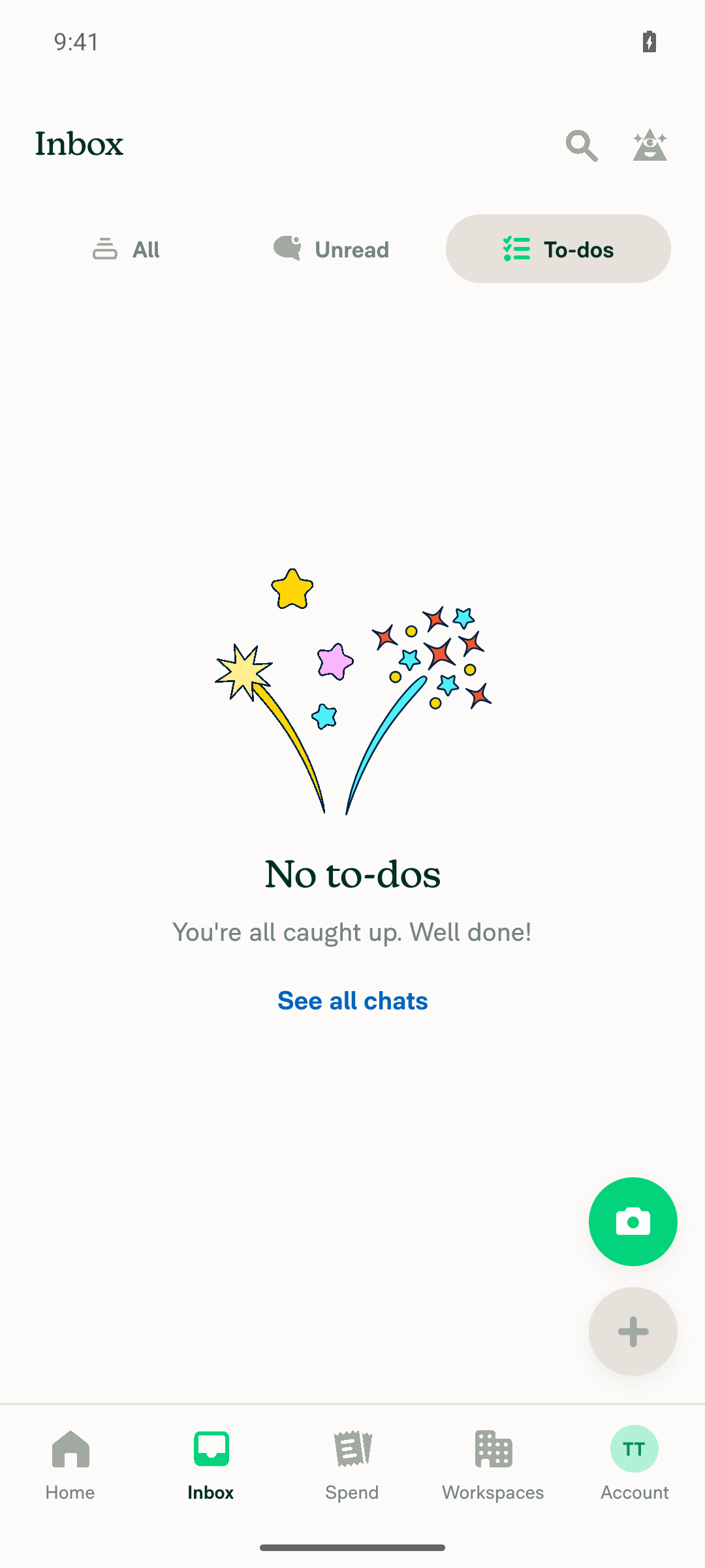 Inbox screen with To-dos tab selected, showing the 'No to-dos' empty state