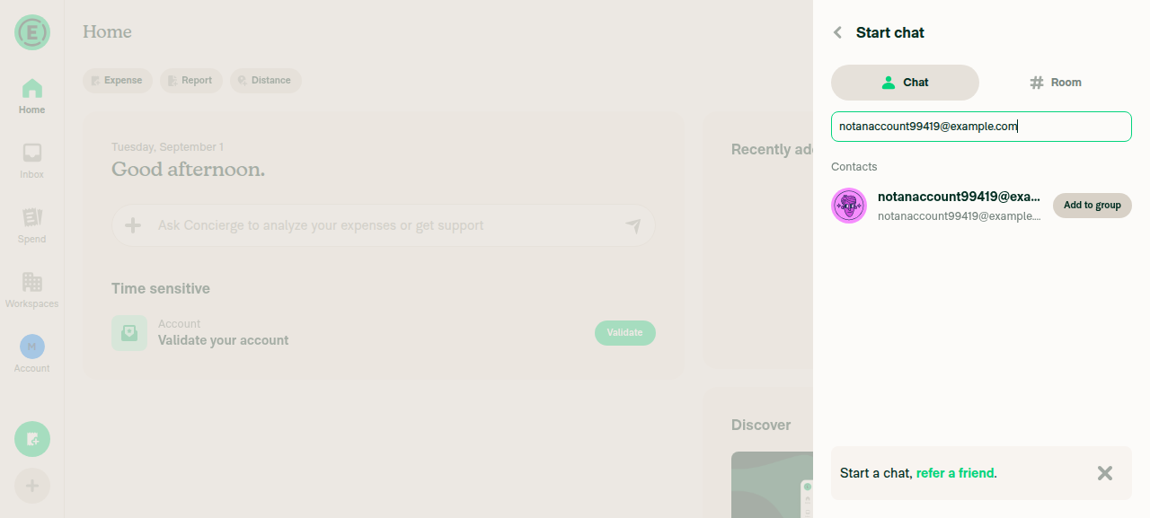 Invite row appears for notanaccount99419@example.com in Start chat