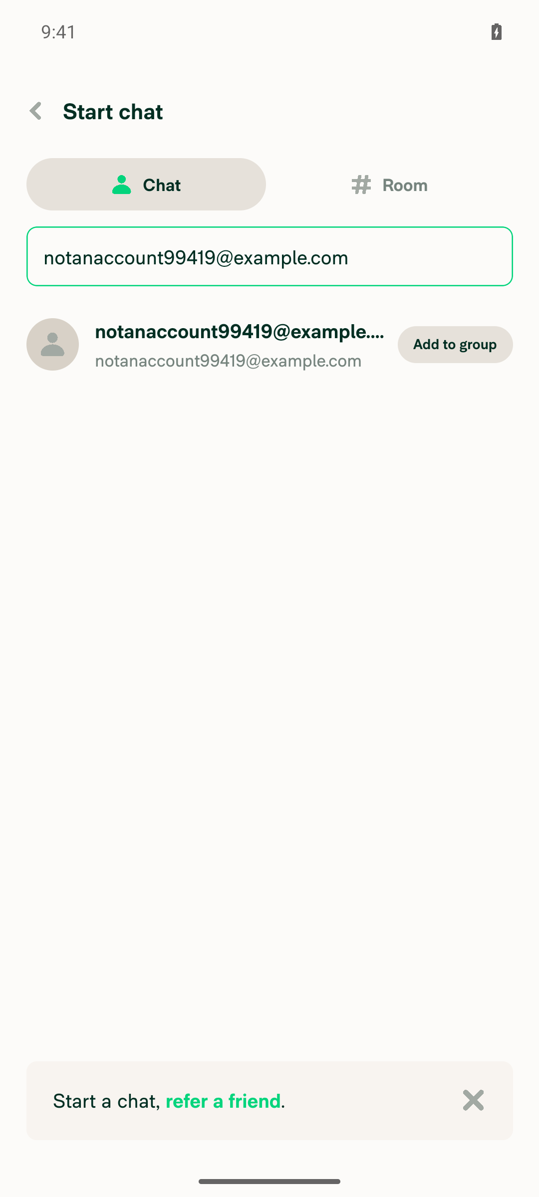 Invite row for plain email in Start chat