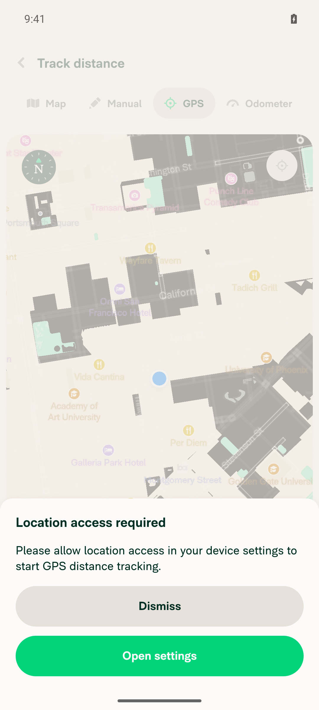 Location access required modal with Dismiss and Open settings buttons