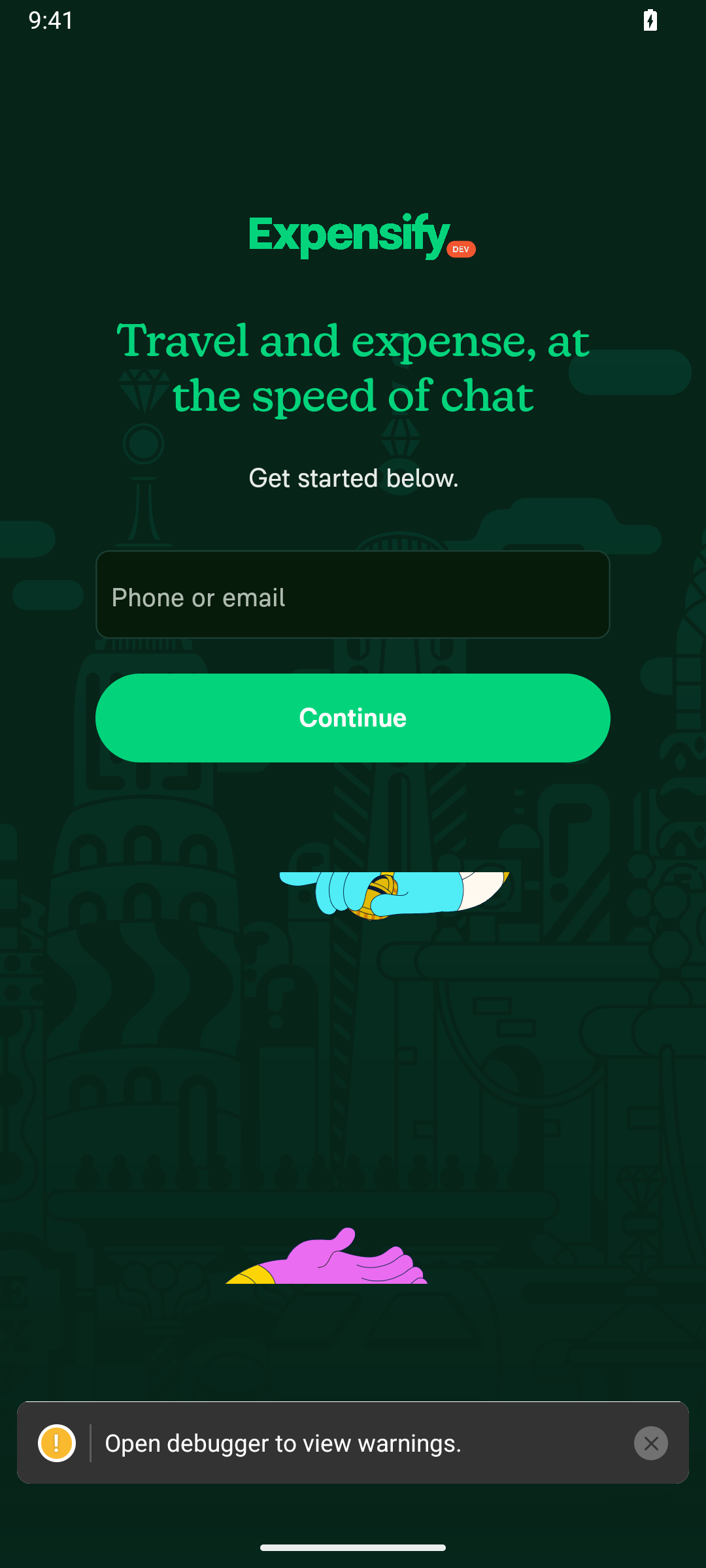 Expensify SignIn screen rendered on Android with Phone or email field and Continue button