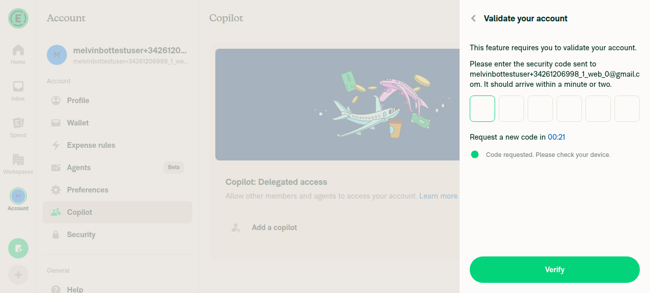 Validate your account magic-code RHP with 6-digit security code field blocking the Add a copilot flow