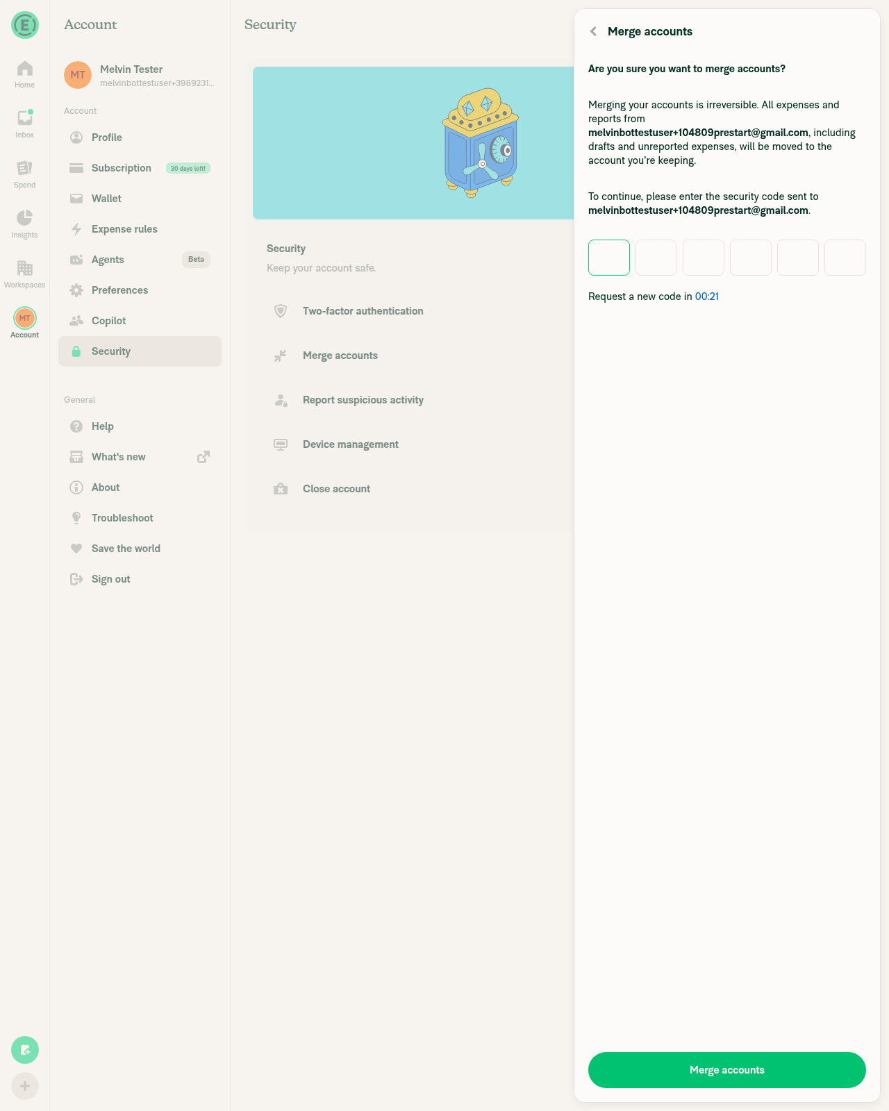 Merge accounts confirmation page with the new warning and magic code input