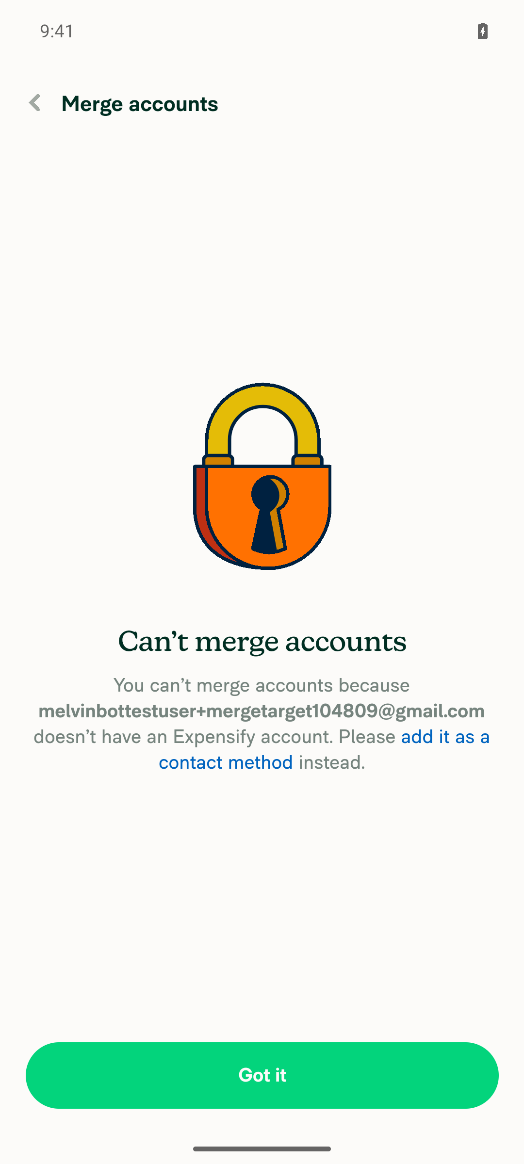 Error page for first alias: doesn't have an Expensify account