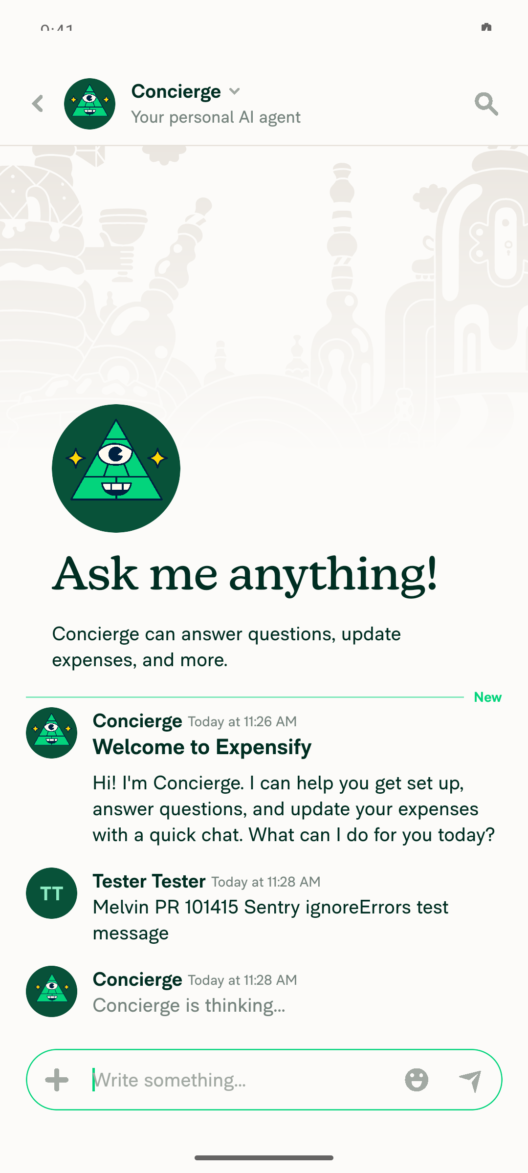 Test message sent and visible in the Concierge chat