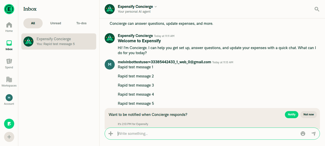 Concierge chat showing 5 rapid test messages sent in order