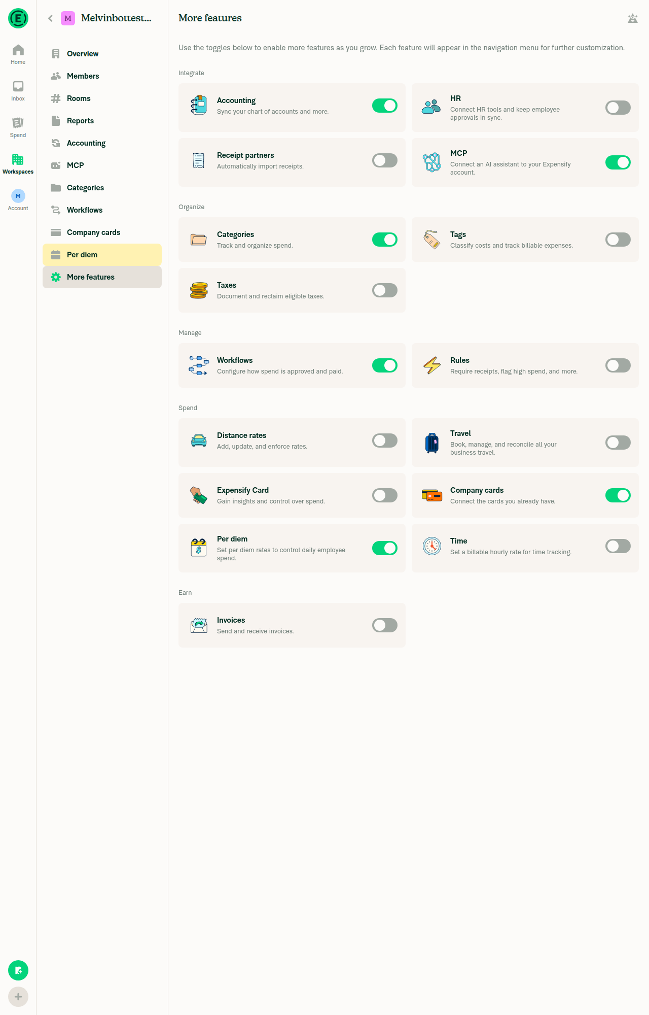 More features page with Per diem toggle enabled