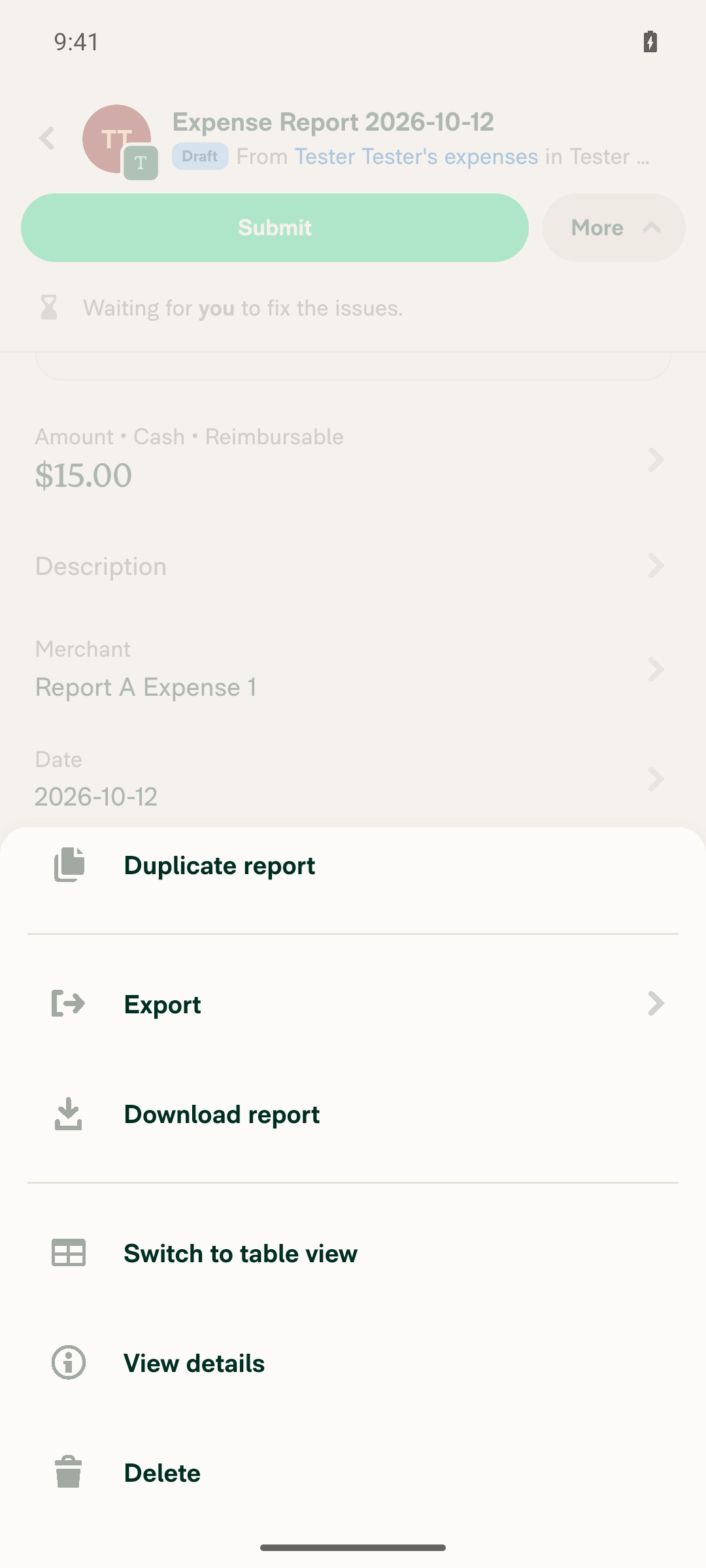 More menu with Switch to table view