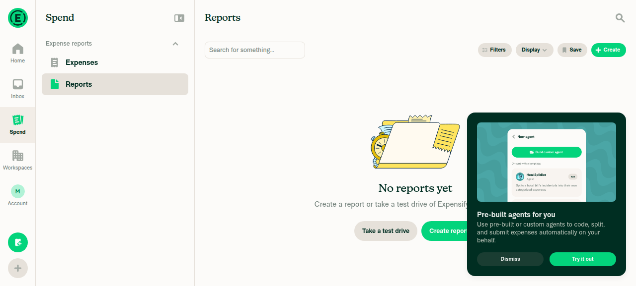 Spend > Reports view showing 'No reports yet' empty state