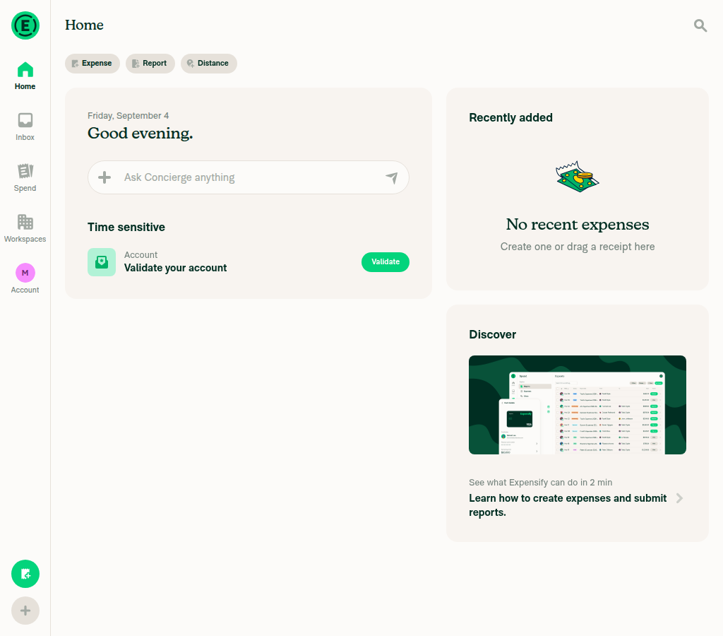 Home page after sending an Ask Concierge message, showing no Side Panel/backdrop appeared