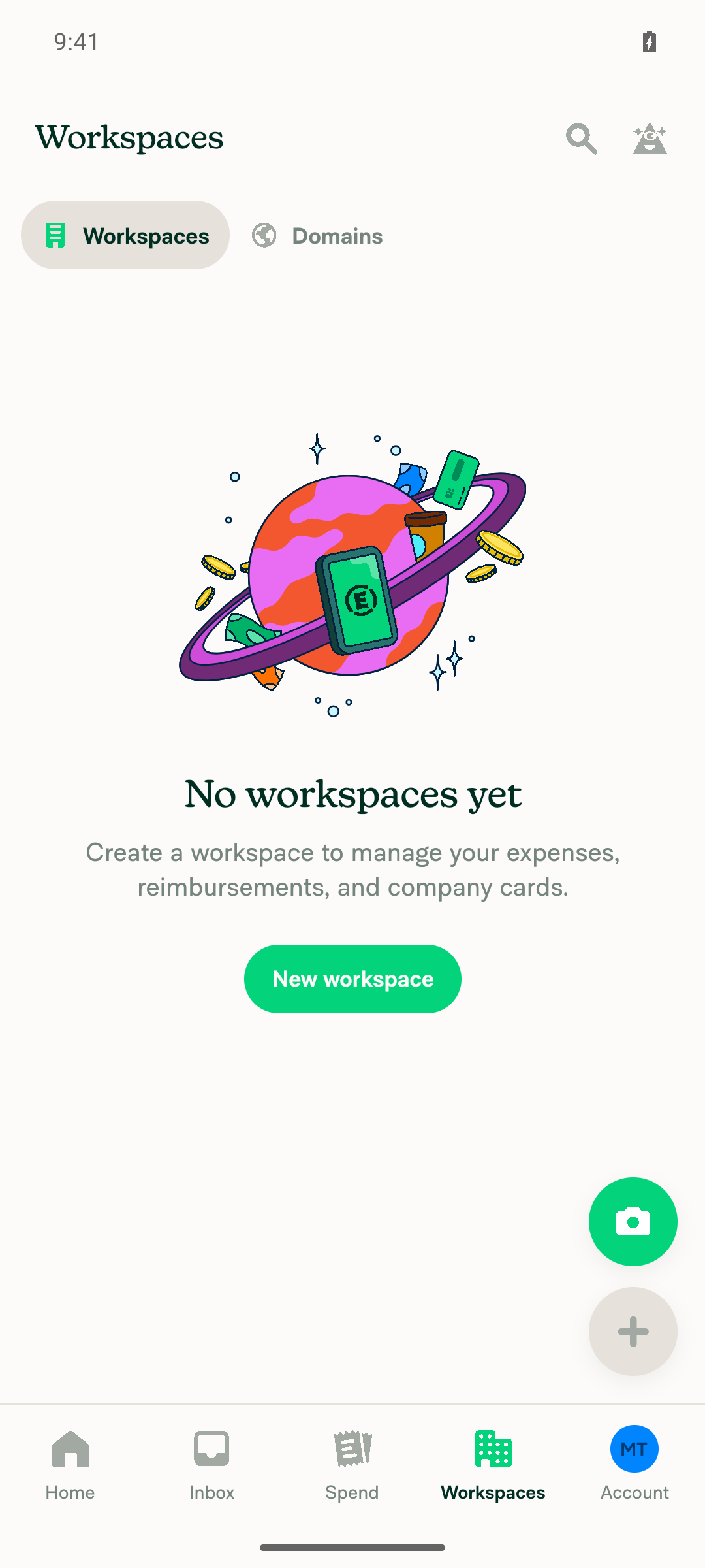Workspaces tab showing No workspaces yet