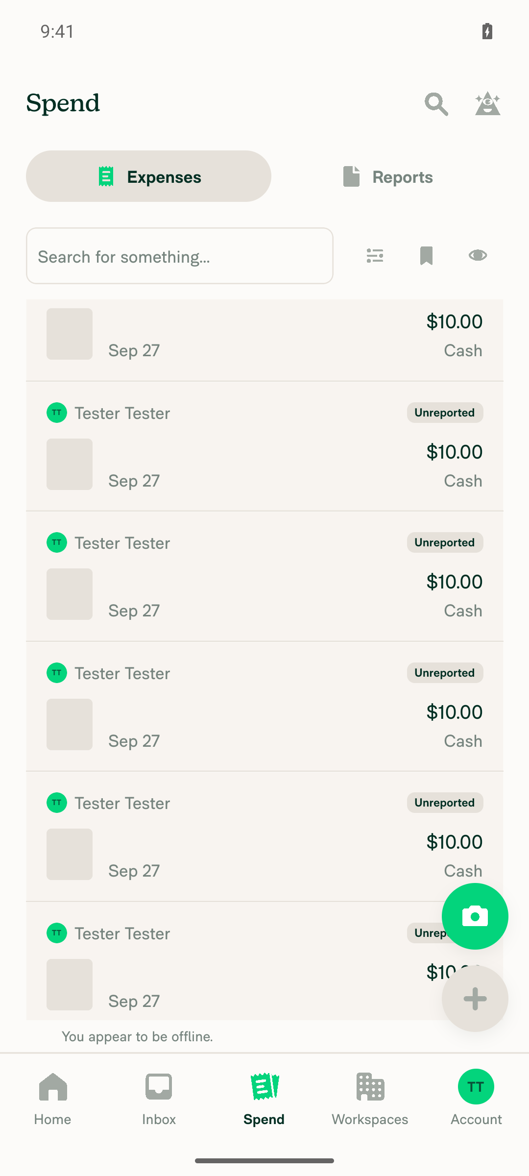Offline banner shown on Expenses list