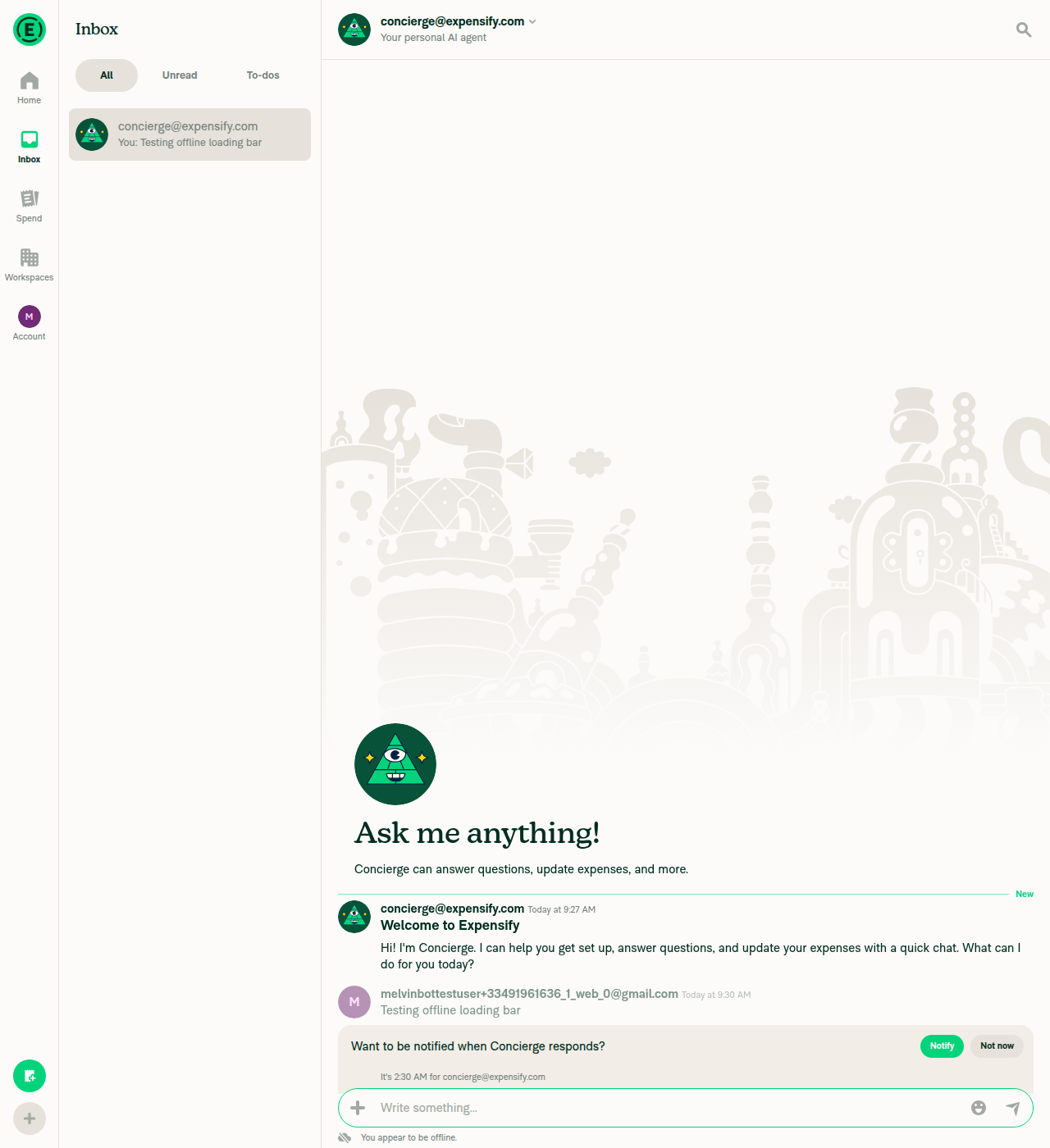 Message queued in Concierge chat while offline