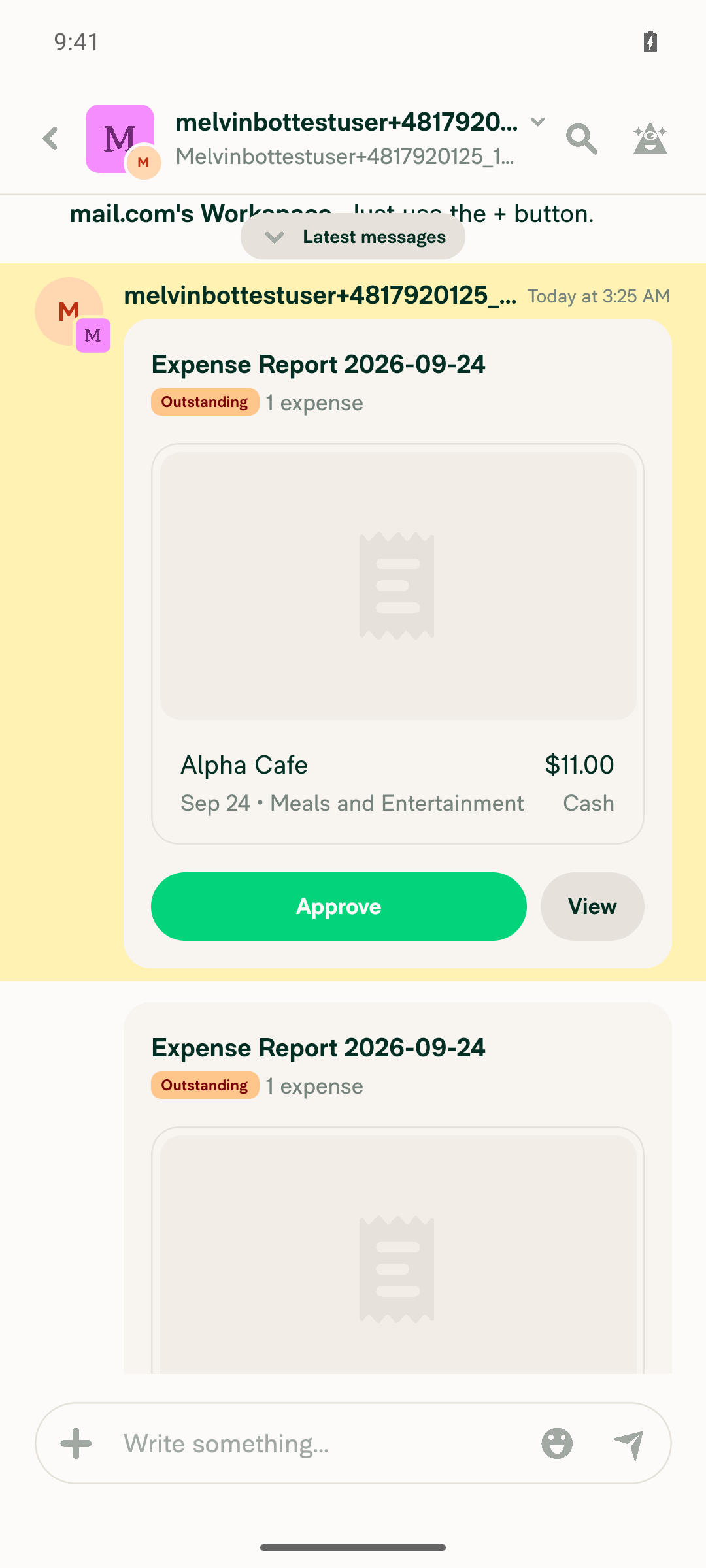 Scrolled up: oldest actionable preview, Alpha Cafe $11 Outstanding with Approve button