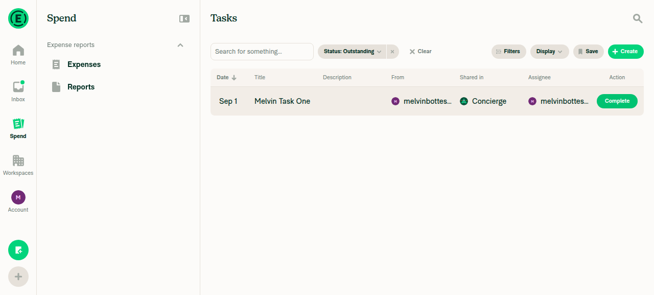 Outstanding task list after completing the first task, now showing only Melvin Task One