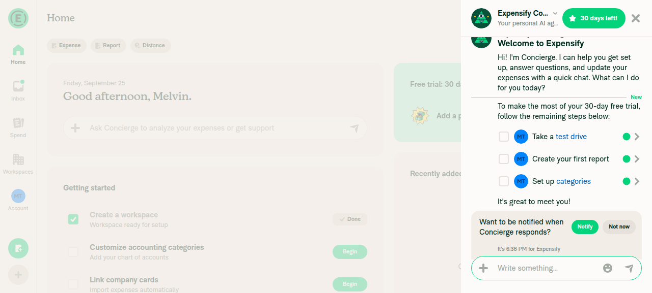 Home page with Concierge welcome chat after onboarding completion