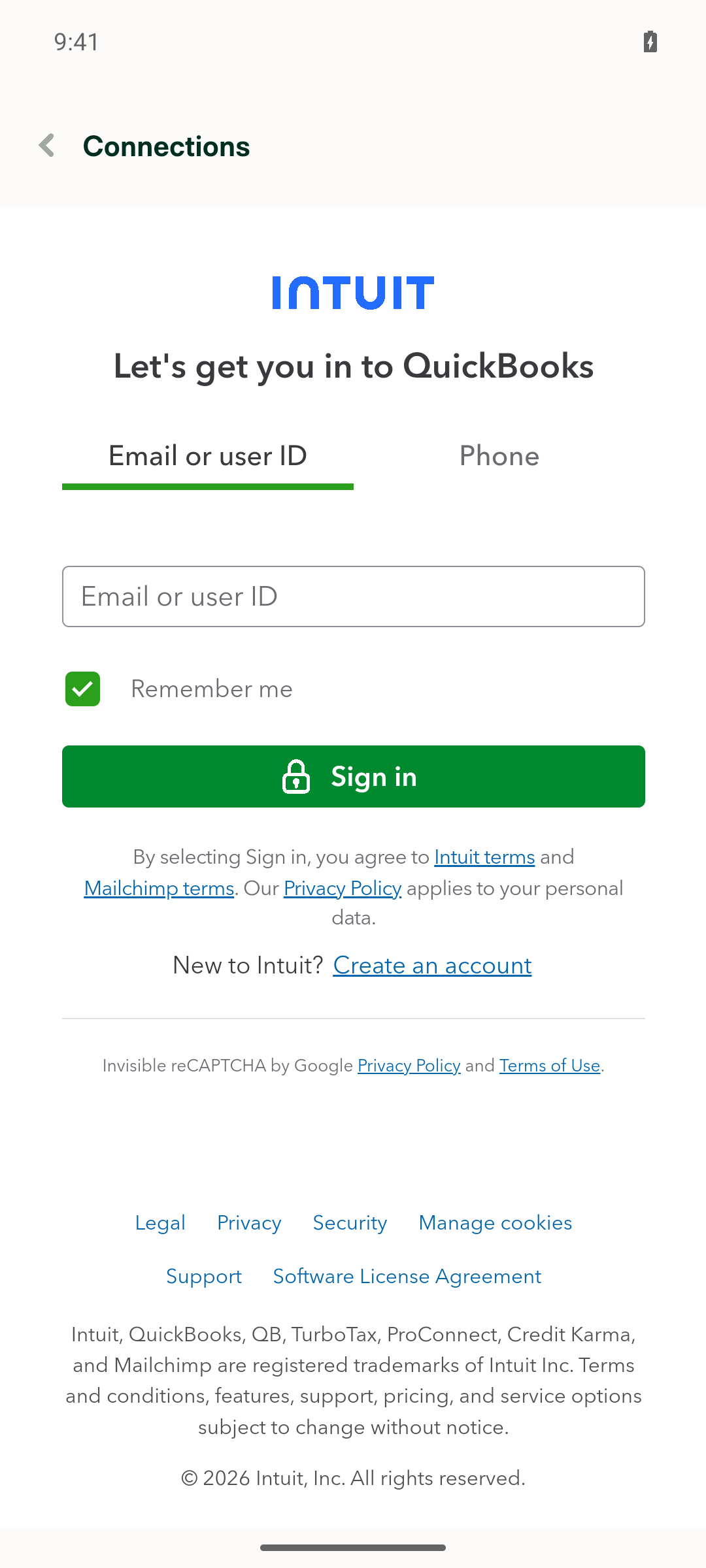 QuickBooks Online Connect opens the real Intuit OAuth sign-in WebView