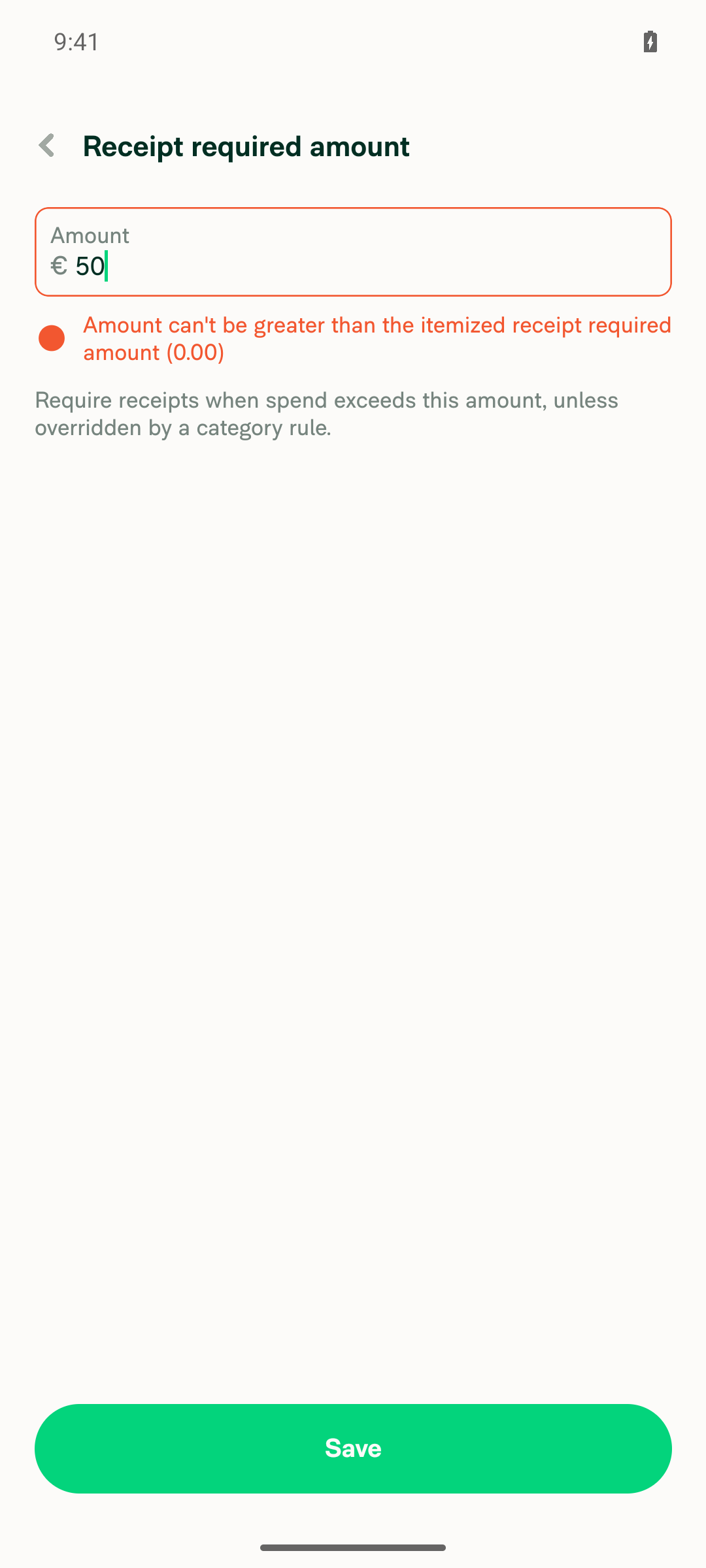 Validation error blocking Receipt required amount = 50