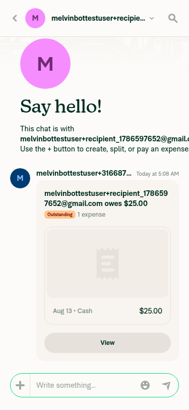 New recipient's chat opened directly showing the created $25.00 outstanding expense