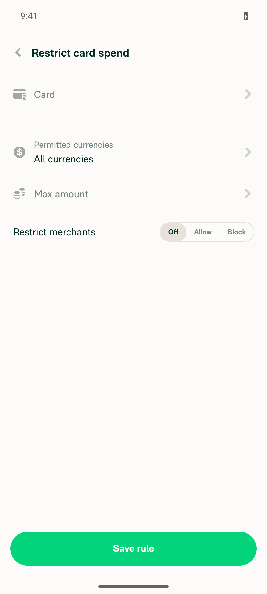 Returned to Restrict card spend form after upgrade