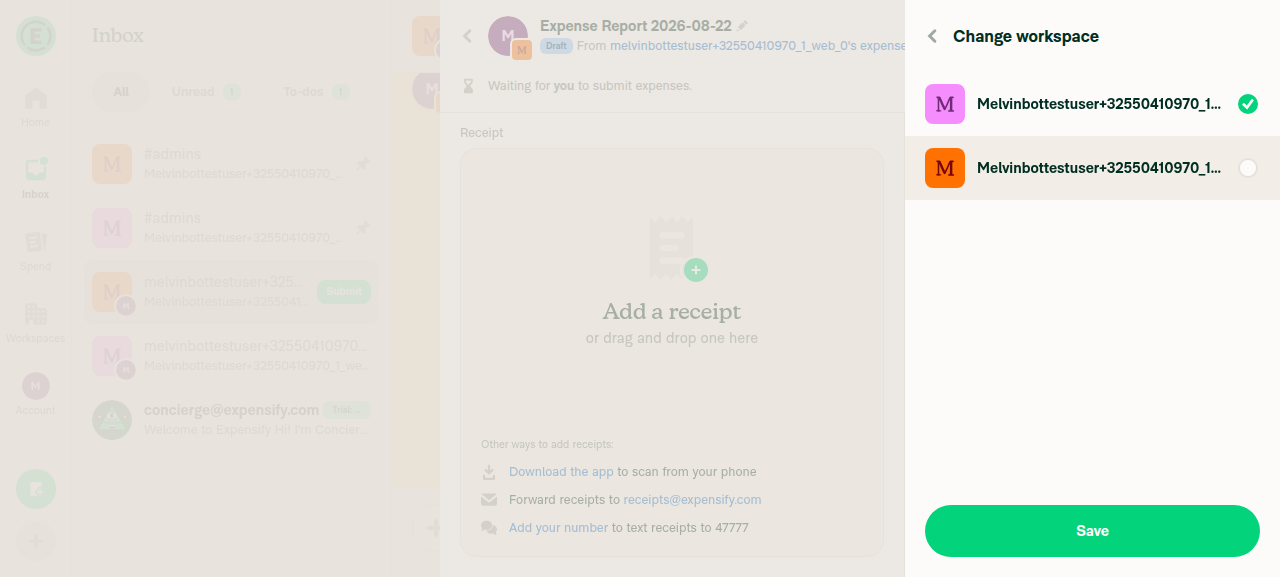 Other workspace row tapped and staged, still on picker screen, Save now enabled