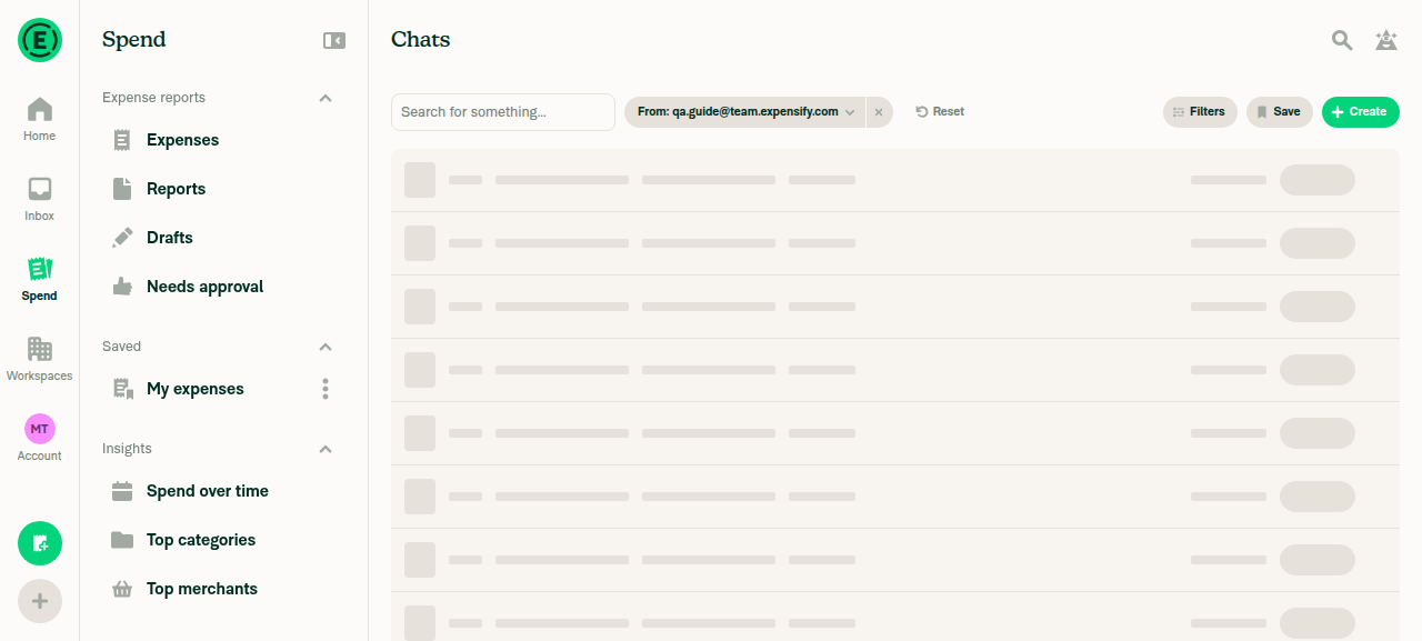 Search Chats page with From: qa.guide filter chip