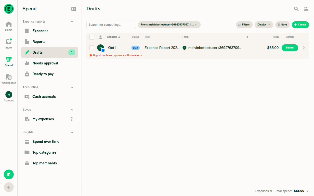 Search Drafts listing the draft report with 2 expenses