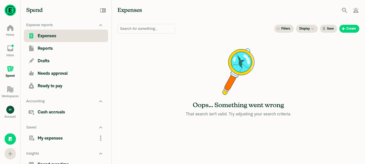 Invalid search error page for type:expensee with no button