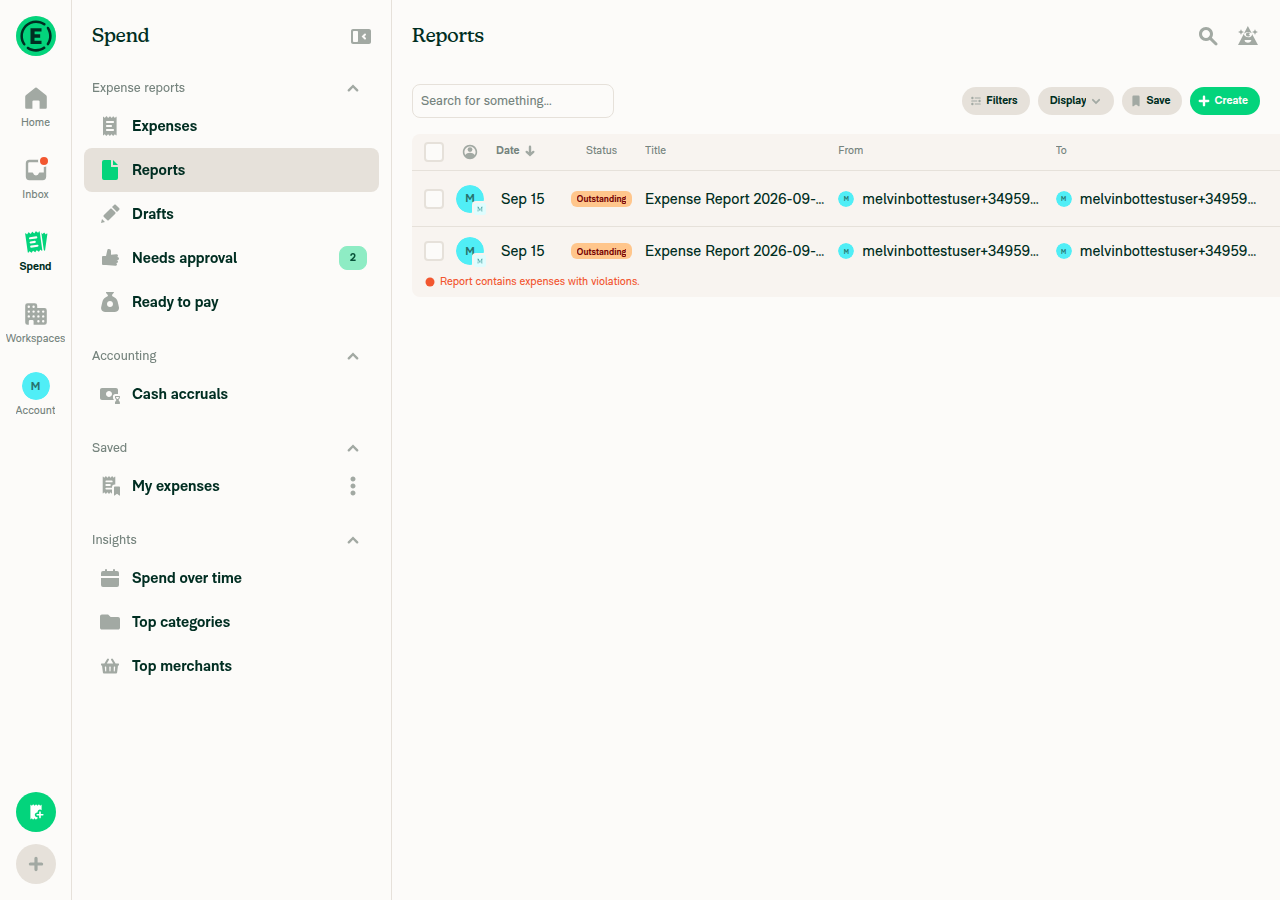 Search Reports tab selected showing two Outstanding expense reports