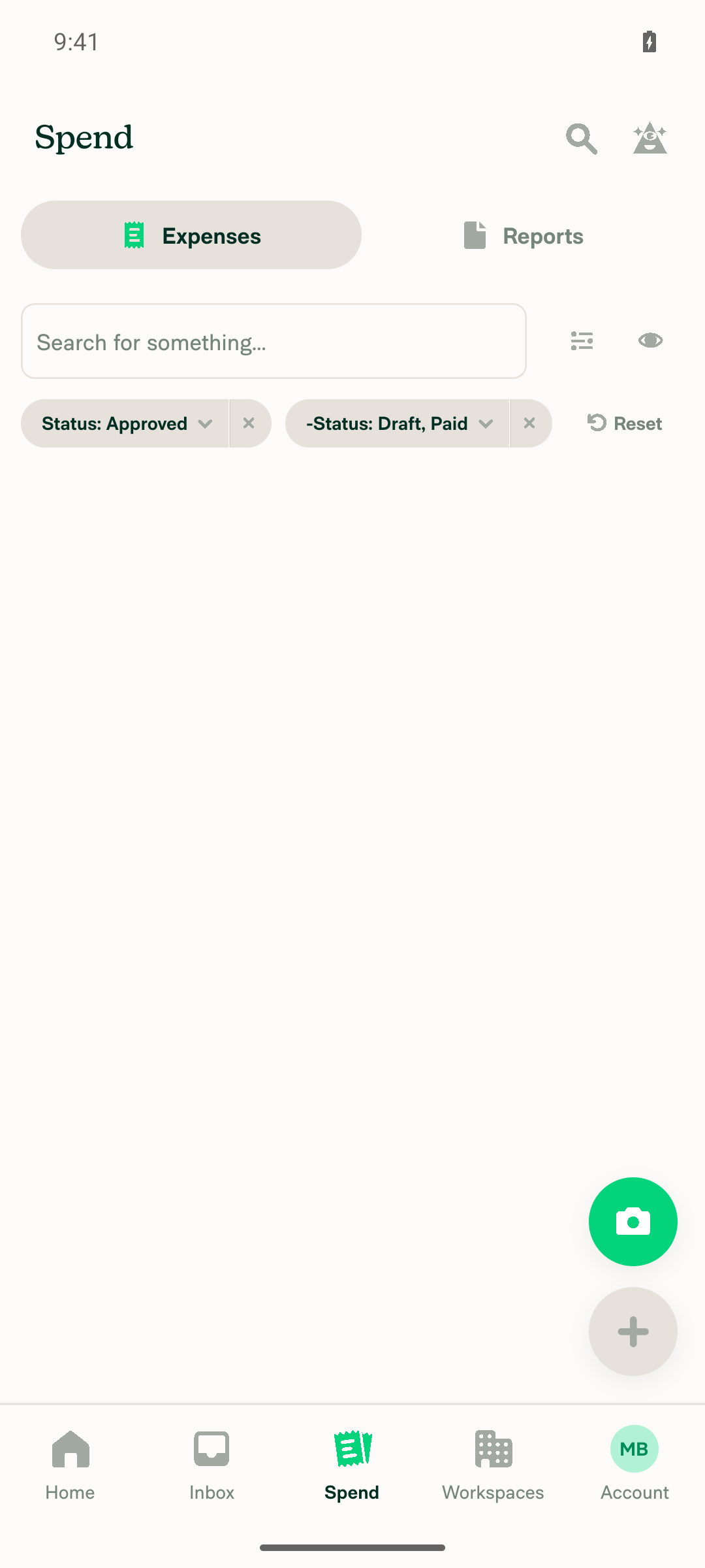 Search results filter bar showing Status: Approved and -Status: Draft, Paid chips