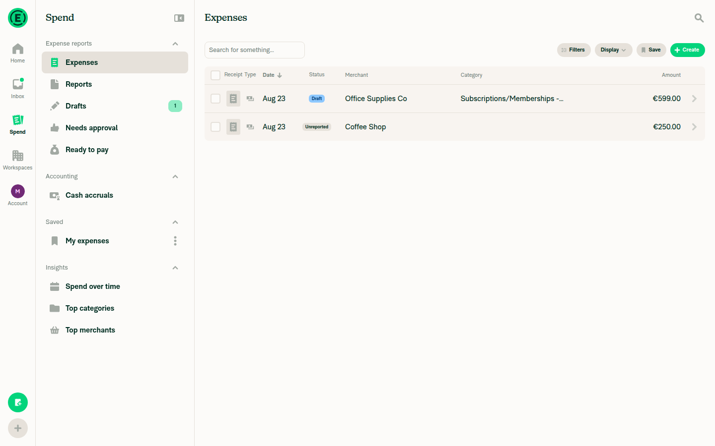 Search/Expenses table in wide layout with editable expense rows (columns: Date, Merchant, Category, Amount)