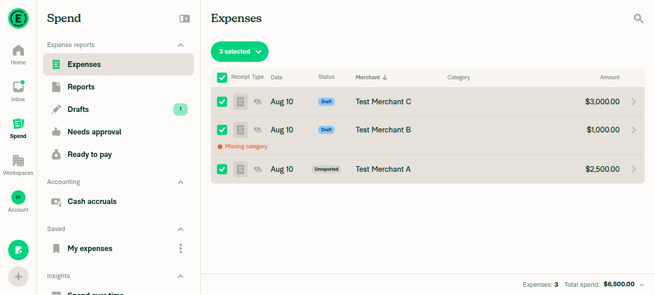 Select all -> 3 selected, all rows checked