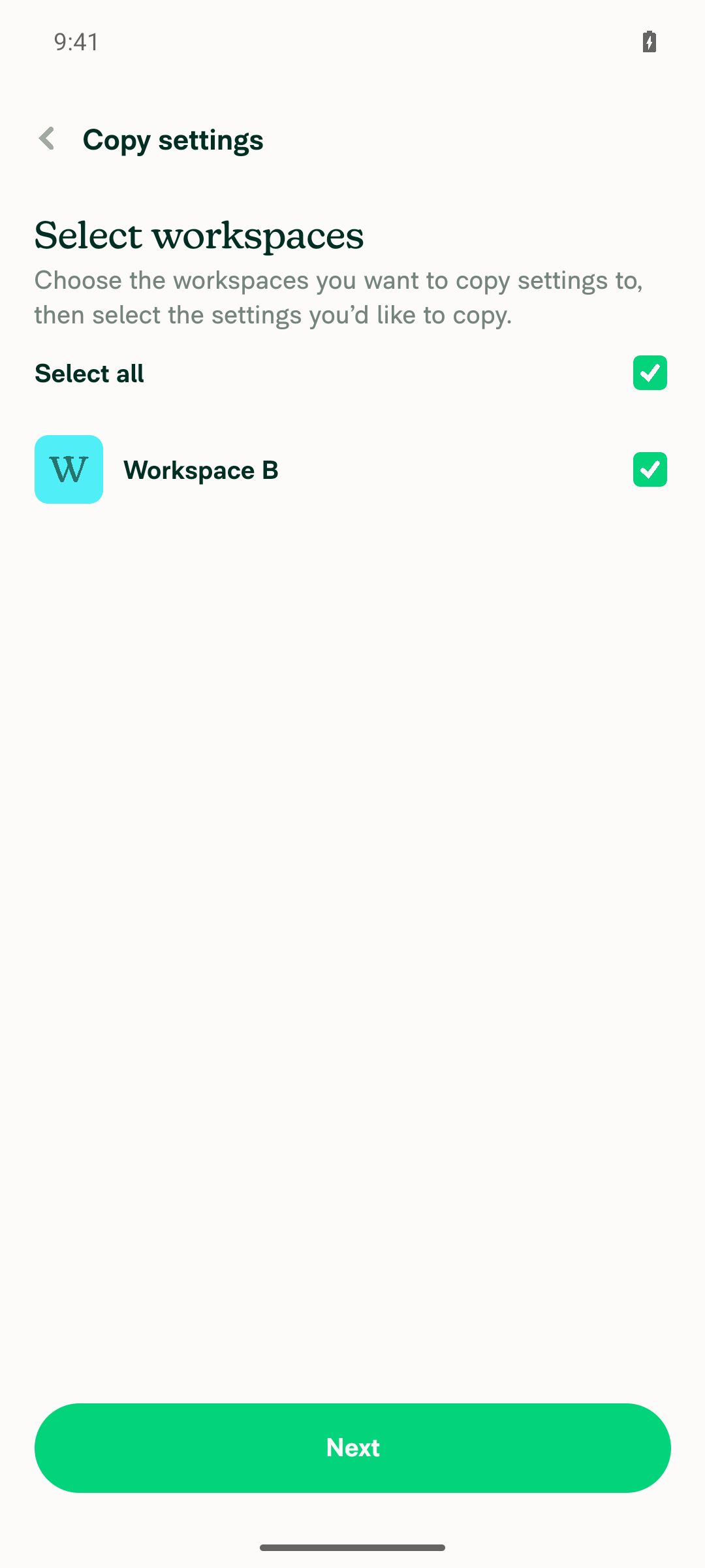 Workspace B selected as copy target