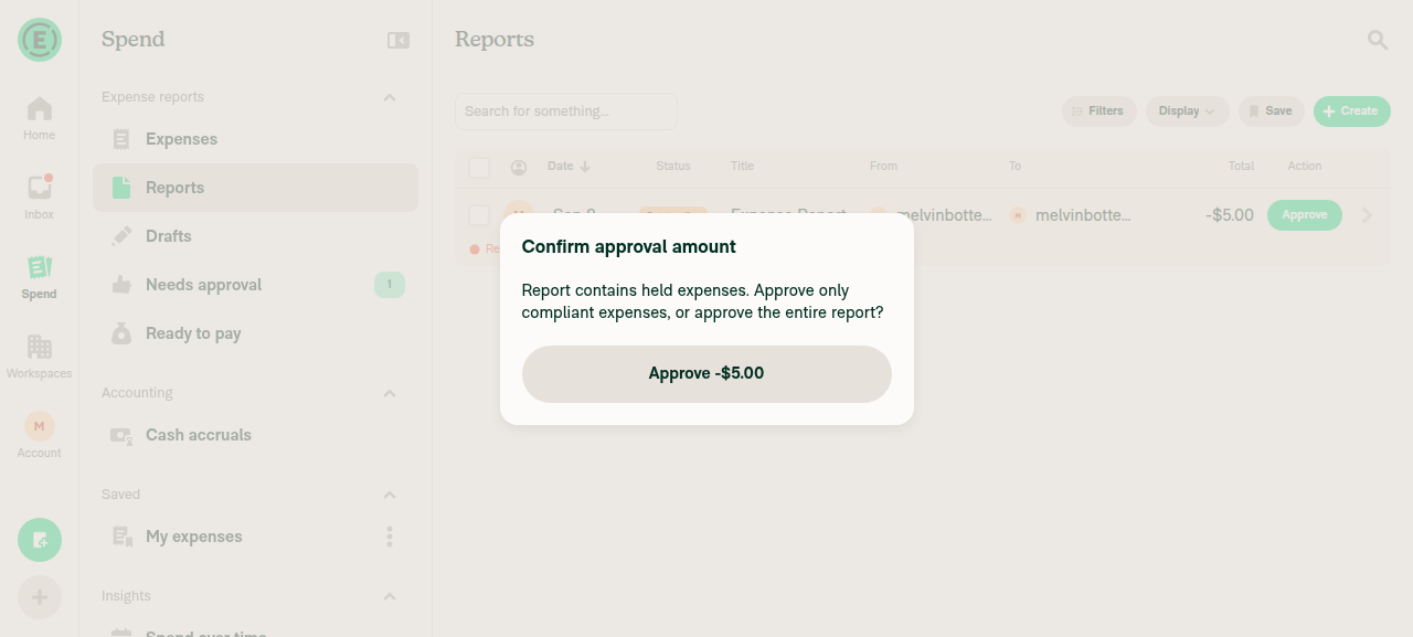 Spend > Reports Confirm approval amount modal showing only 'Approve -$5.00'