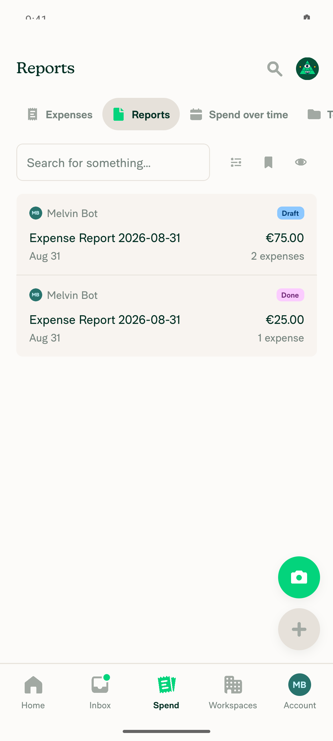 Spend > Reports list showing the 2 seeded reports (Draft EUR75.00 / Done EUR25.00)