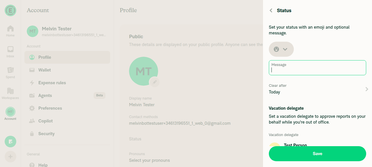 Status page showing Test Person as the selected vacation delegate
