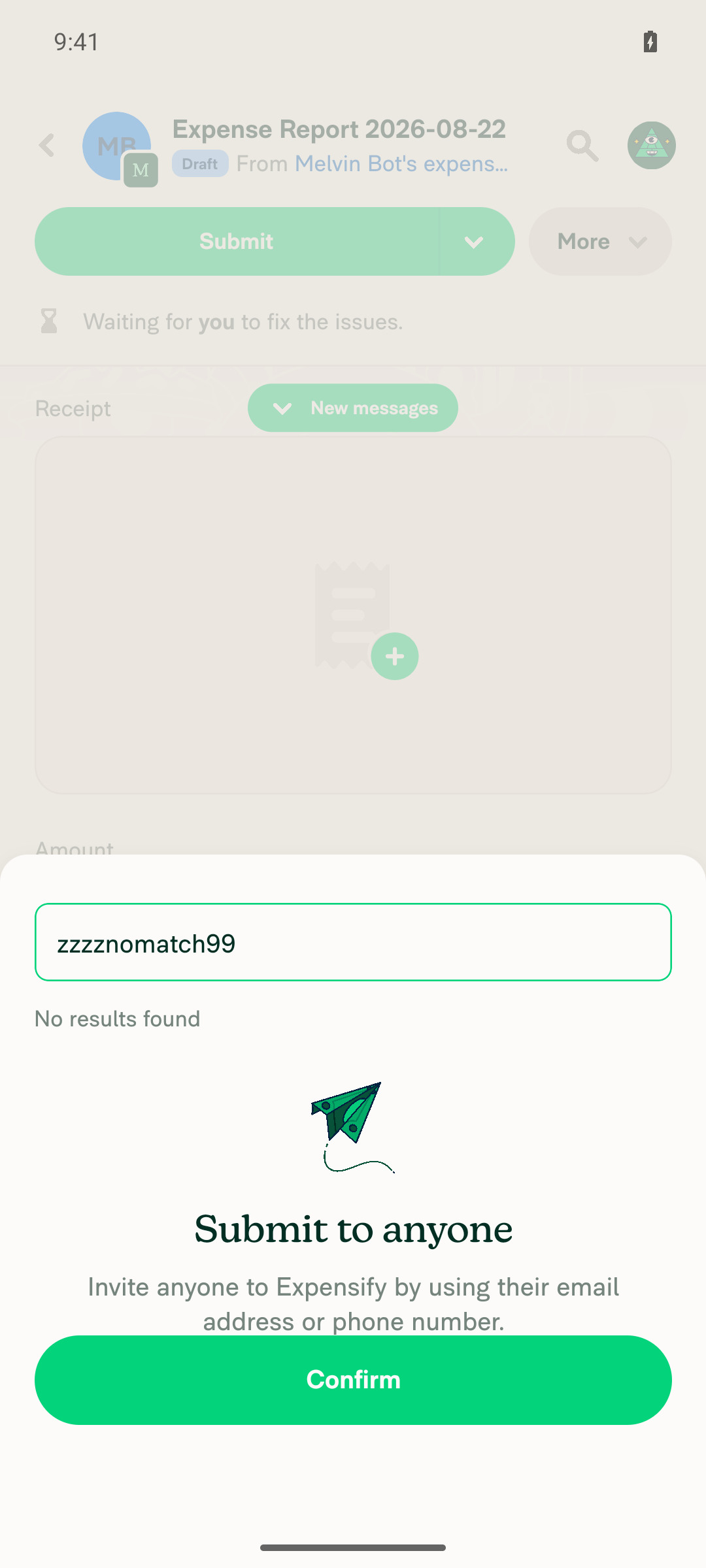 Submit to popover collapsed to 'No results found' empty state after non-matching search