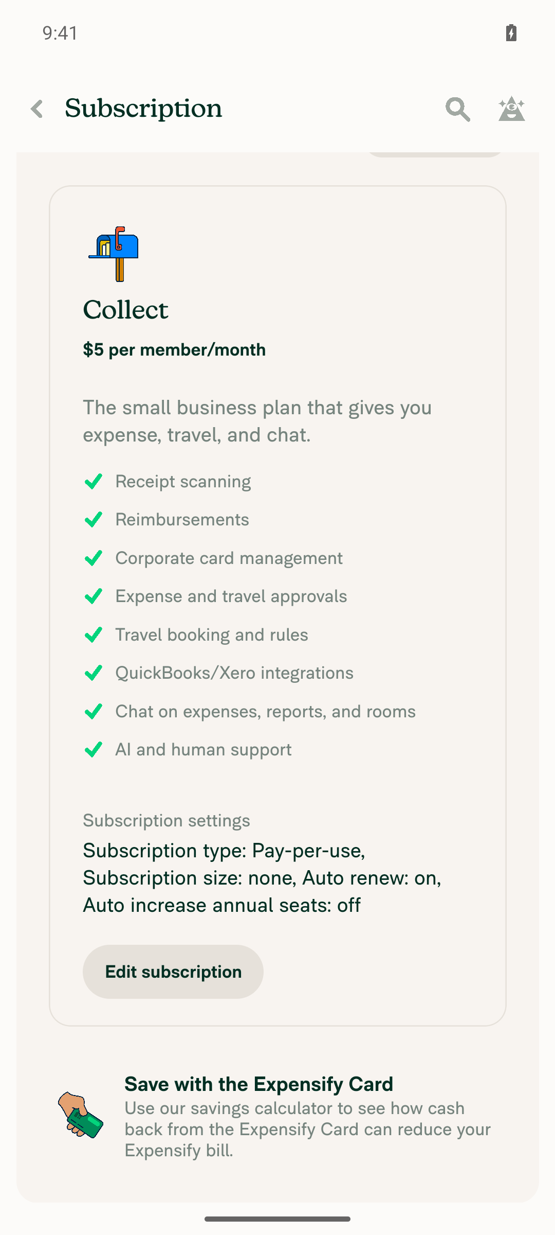 Bottom of Subscription page: plan details, no Payment history link